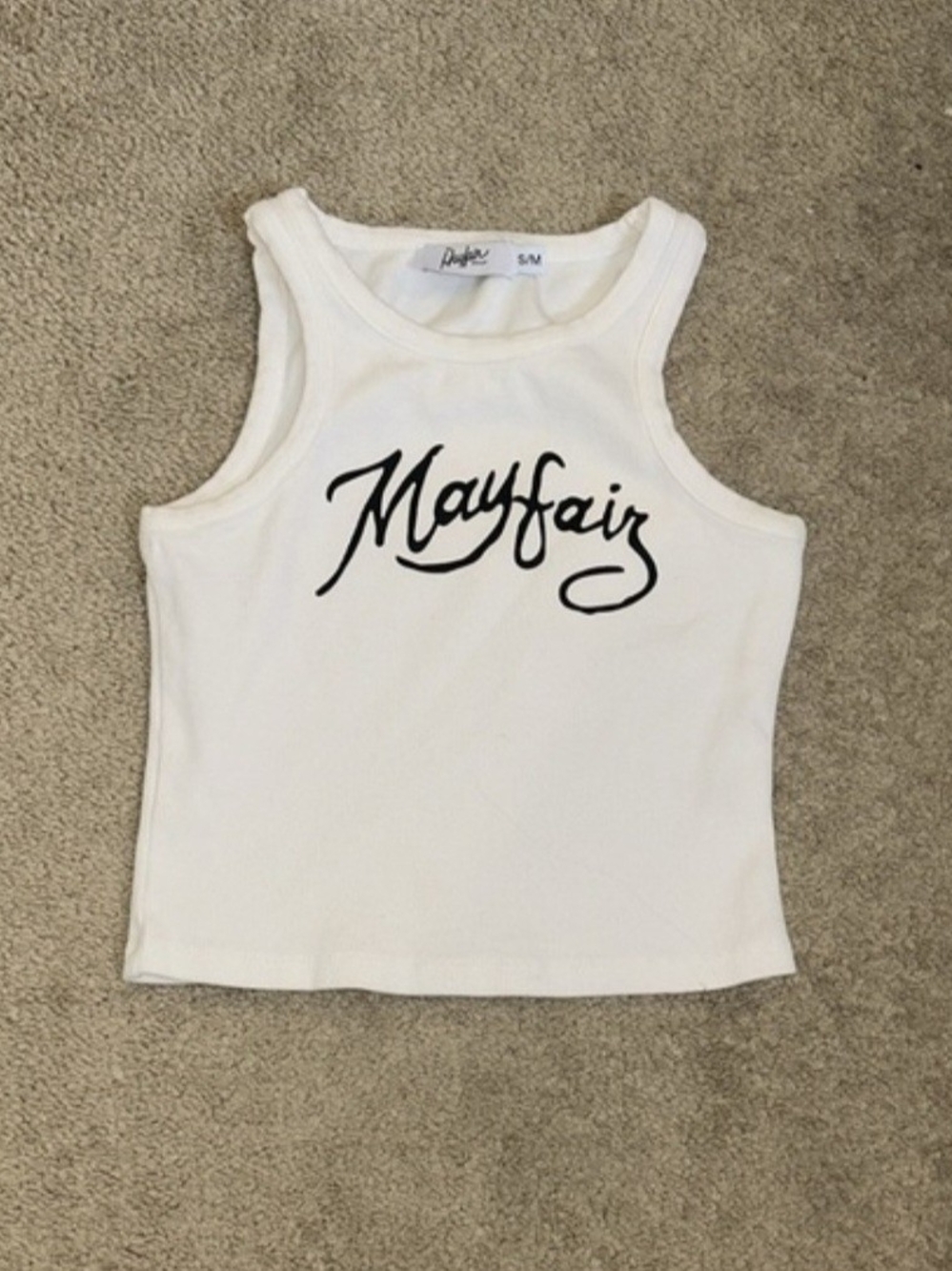 The Mayfair Group Cream Ribbed Logo Crop Tank Top S/M